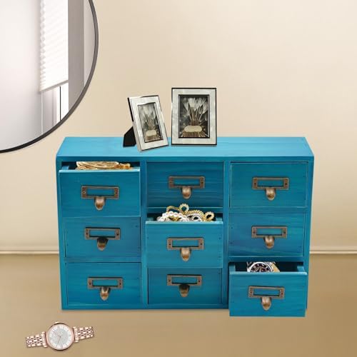 DKSLALALI Apothecary Cabinet Vintage, 9 Drawers Herb Storage Box Chinese Medicine Cabinet Index Card Catalog Desk Apothecary Shelf to Store Jewelry Medications Herbs (Blue) - Image 2