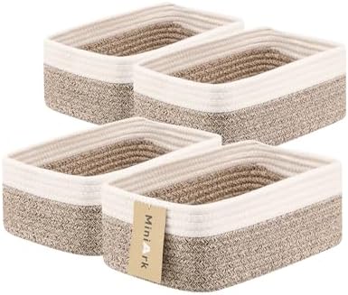 MiniArk Small Storage Baskets for Organizing | Closet Organizer Bins | Shelf Toy Basket | Woven Rope Baskets | Cube Decorative Box | Shallow Basket | 11.5x7.5x4.7” | 4 Packs White Brown by MiniArkStorageBasketsHome