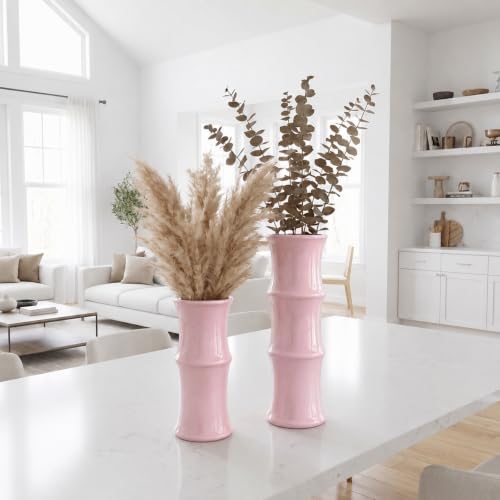 Blush Pink Ceramic Bamboo-Inspired Flower Vase Set of 2, Modern Home Décor - Image 7