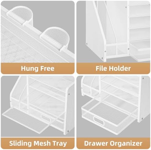 Marbrasse Desk Organizer with File Holder, 5-Tier Paper Letter Tray Organizer with Drawer and 2 Pen Holder, Mesh Desktop Organizer and Storage with Magazine Holder for Office Supplies (Wood-White) - Image 4