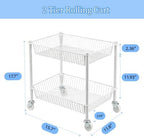 2 Tier Small Utility Cart on Wheels Short Rolling Pantry Cart Thick Metal Wire Basket Stand, Fruit Vegetables Storage Rack for Kitchen, Under Desk Storage for Small Space Bathroom Laundry, White - Image 2