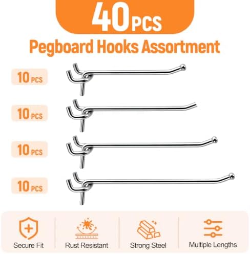 40 Pack Heavy Duty Pegboard Hooks, 4”, 5”, 6” & 8” Galvanized Iron Peg Board Hooks, 0.223” Thick Single Hooks with Ball-End Design, Garage Tool Organizer Accessories - Image 2
