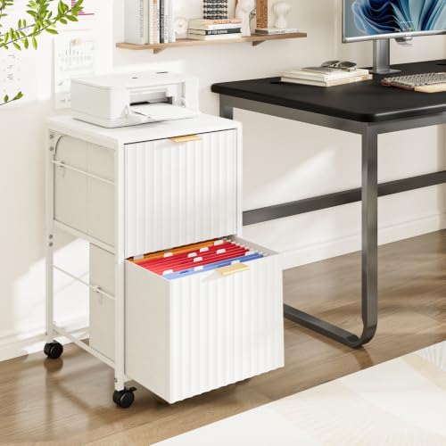 VINGLI 2 Drawer Mobile File Cabinet, Rolling Fluted Filing Cabinet Under Desk File Cabinet with Wheels, Fabric Drawers Printer Stand for Home Office, Fits Letter Size, White - Image 2