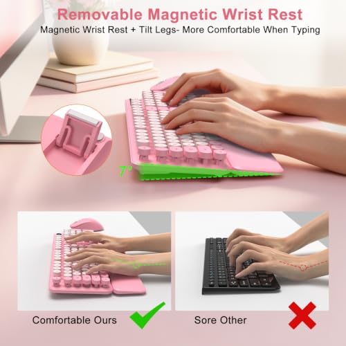 Pink Wireless Keyboard and Mouse Combo, Magnetic Wrist Rest, Round Keycap - Image 2