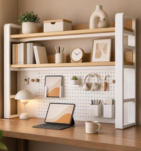 Desk Shelf Organizer with Pegboard & Storage Accessories, 2-Tier Desk Hutch Desktop Storage Rack, Desk Shelf for Office and Home Office White Frame /Natural Wood Board (3-Tier)37.4"×9.8"×36.6" by Unknown