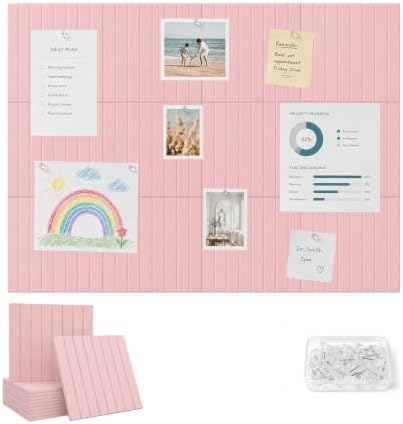 48" x 36" Large Felt Bulletin Board, Bold-Stripe 12-Pack Cork Boards | Fabric Bulletin Board with 60 Adhesive Tabs, 50 Pushpins, Felt Wall Tiles for Office Push Pin Board Felt Board, Coral Pink by Unknown