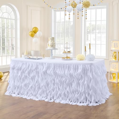 leegleri 14FT White Tutu Table Skirt for Rectangle&Round Tables-Tulle Curly Willow Table Skirt Decorations, White Ruffle Tablecloth for Wedding Bridal Shower Birthday Party Decorations - Image 6