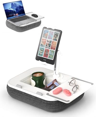 Viozon Kindle Pillow Stand Holder, Phone Holder for Bed, Laptop Lap Desk with Mouse Pad,Compatible with 4.7-13" Kindle/Tablet/Phone,10-15" Laptop, Snack Bowl&Cup Attachment&Detachable 360°Stand Arm by viozon