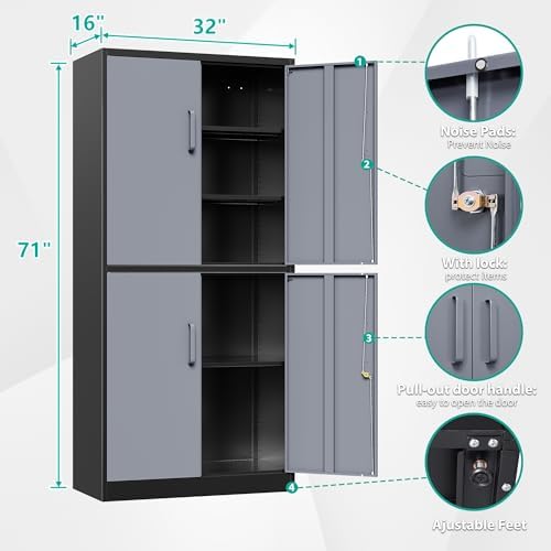 SISESOL Metal Storage Cabinets with Doors and Shelves,71" Metal Garage Storage Cabinet with Lock,Gray Steel Cabinet with Locking Doors,4 Door Lockable Storage Cabinets for Garage,Home,Office - Image 2