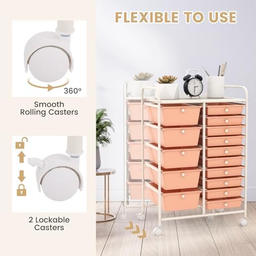 LDAILY 15 Drawer Rolling Storage Cart, Rolling Cart with Drawers for Classroom, Art Supply Craft Organizer on Wheel with Metal Frame & Handles for Home Office School - Image 5