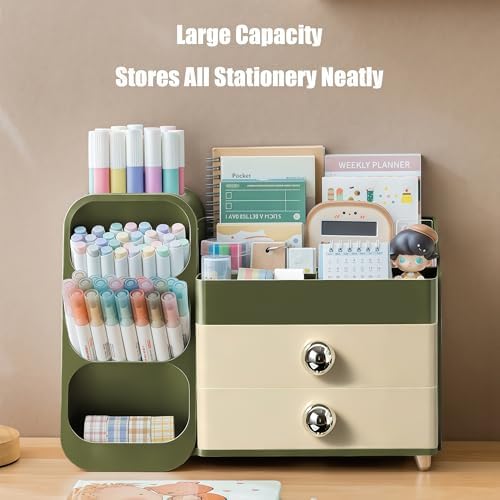 Desk Organizer with Pen Pencil Holder, Pen Organizer with 2 Drawers & 4 Compartments, Desktop Organizers and Storage for Office Home School Art Supplies (Green) - Image 3