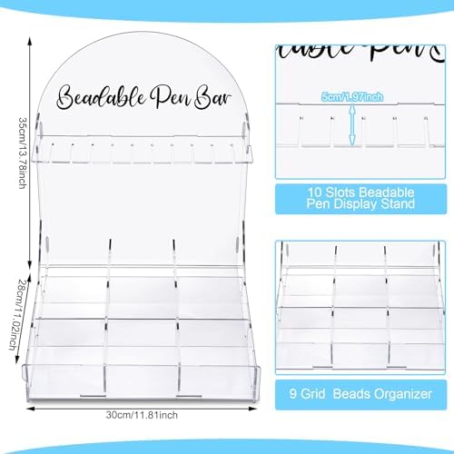 Glenmal Bead Pen Bar Holder with Sorting Tray 10 Slots Display Stand Storage Organizer with Bead 9 Grid Organizer Box Divided Storage Case for DIY Home Office (Acrylic) - Image 3