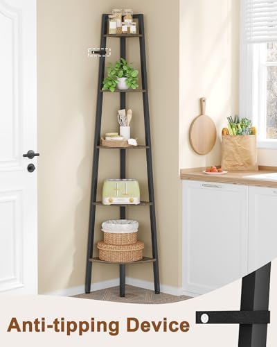Hoctieon Corner Shelf, 5-Tier Corner Bookshelf, Rustic Ladder Shelf, Industrial Display Stand for Living Room, Kitchen, Home Office, Balcony, Small Space, Metal Frame, Grey - Image 3