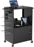 Mobile AV Cart, Heavy Duty Rolling Computer Cart with Push Handle & Hooks – Locking Cabinet, Pegboard, 4 Outlets, Lock Brake Casters – Media Utility Cart on Wheels for Office/Classroom by Outglee