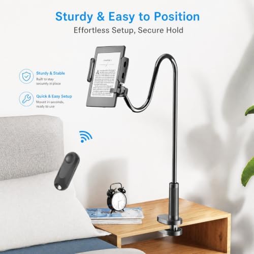 Kefotic Gooseneck Tablet Holder for Kindle Reading in Bed with Page Turner Remote, Hands Free Desk Bedside Lazy Arm Stand for Kindle Accessories, Gifts for Readers - Image 6
