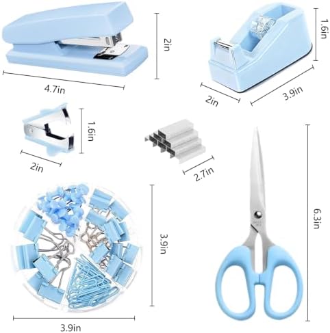Office Supplies,Blue Desk Accessories,Desk Organizer,Phone Stand,Scissors,Stapler,Tape Dispenser,Binder Clips,Staples,Staple Remover,Sticky Notes,Index Tabs,Clear Tape,Mini Box Cutter,Cool Pen.16pcs - Image 7