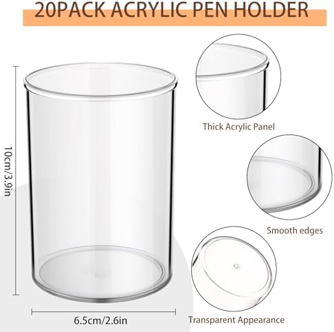 Crtiin 20 Pack Clear Acrylic Pen Holder Makeup Brush Round Pencil Holder for Desk Pen Cups Desk Organizers and Storage Desktop Stationery Organizer for Office School Home Supplies - Image 2
