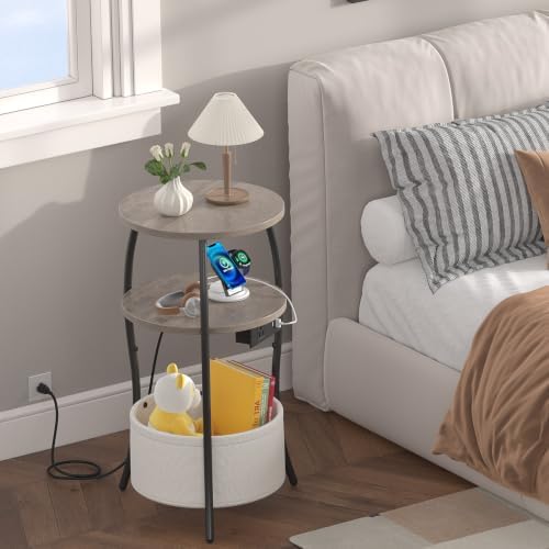 sthemc 3-Tier Small Round End Table Livingroom with Charging Station,Basket - Image 7
