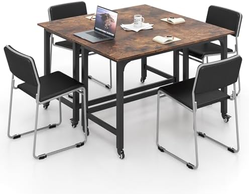 GOFLAME 4ft Conference Table Set of 2, Mobile Home Computer Desk, Meeting Room Table w/Detachable Storage Bag & 2 Headphone Hooks, Rolling Seminar Boardroom Table on Wheels, Black + Rustic Brown by GOFLAME
