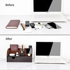 KINGFOM Pu Leather Desk Organizer Pen Pencil Holder Office Supplies Caddy Storage Box 6 Compartments with Drawer Brown - Image 7