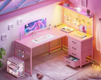 MOTPK 43" L Shaped Gaming Desk with Shelf & 4 Drawers, Carbon Fiber Pink - Image 2
