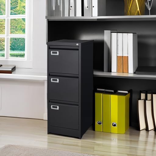 BYNSOE 3 Drawer File Cabinet with Lock Metal Vertical File Cabinet Office Home Narrow File Cabinet for A4 Legal/Letter Size,Assembly Required (Black, 3 Drawers-Vertical) - Image 5