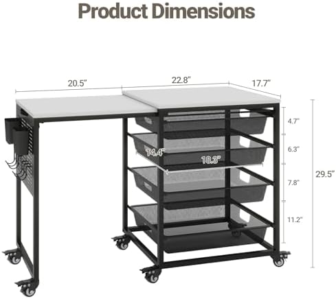 Craft Table with Wheels & Drawer,Extendable Cart with Pegboard,Black - Image 2