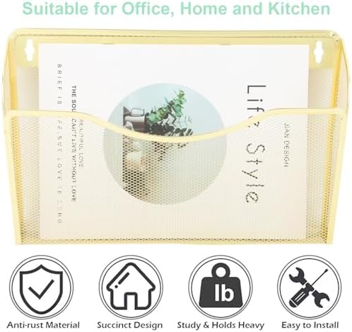 EASEPRES 3 Single Pocket Mesh Hanging File Organizer, Vertical Wall Mounted Magazine File Holder, Mount Basket Mail Paper Document Folder Organizing for Office, Home and School, Gold - Image 5