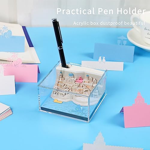 Aegean-Santorini Memo Pad 3D with Light,Kawaii Memo Pad Non-Stick 3D Sticky Notes,3D Art Craft Note Pad Notepad with Pen Holder Silhouette DIY Creative Gift - Image 3