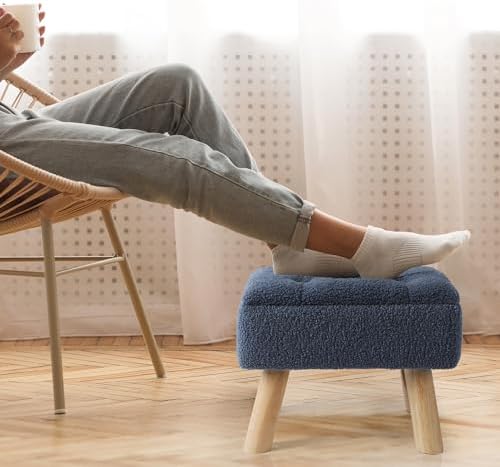 OGEMXU Storage Ottoman, Small Foot Stool Ottoman with Storage, Boucle Teddy Velvet Foot Rest with Padded Seat, Sturdy Wood Legs Stool for Living Room, Bedroom, Couch, Enterway (Dark Blue) - Image 2
