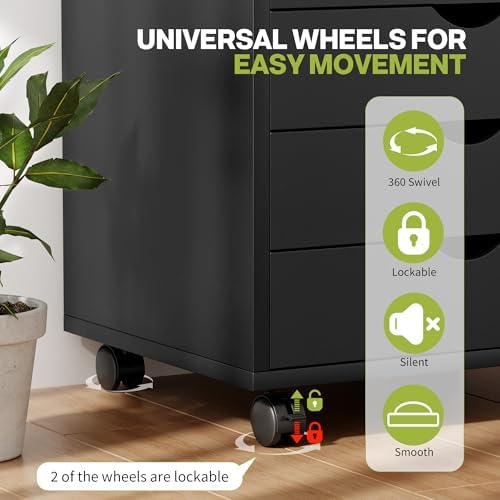 5-Drawer Chest, Office Storage Dresser File Cabinet with Wheels, Mobile Dresser for Home Office, Black - Image 4