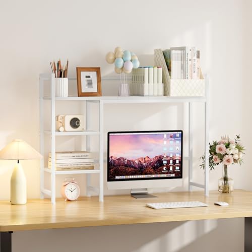 Snughome Desk Shelf, 38.6" Desktop Organizer Shelf, Desk Hutch for Computer Monitor, 4 Tier Desk Display Rack, Wood Desktop Bookshelf Storage Rack for Home Office Dorm, White - Image 2