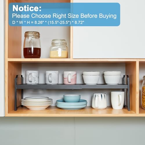 X-cosrack 25.5 Inches 2 Pack Expandable Cabinet Shelves, Stackable Shelf Organizer for Kitchen Cabinet Countertop Storage, Adjustable Counter Cupboard Pantry Organizer Shelf Rack Stand Riser, Black - Image 5