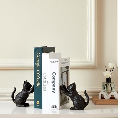 Denique Cat Decorative Bookends, Cute Book Ends to Hold Books, Bookends for Shelves, Unique Cast Iron Book Stopper for Heavy Books, Cat Office Decor, 1 Pair/2 PCS - Image 4
