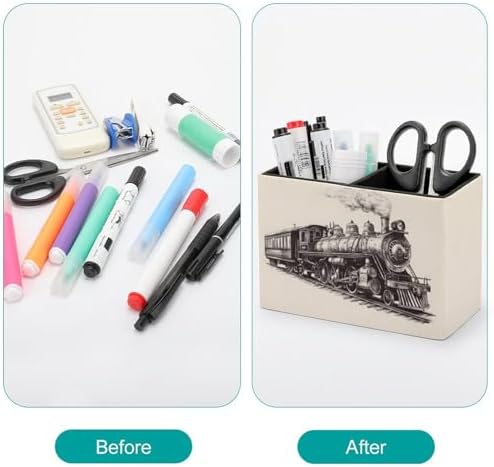 Pens Holder, Pencils Holder for Desk Organizer, Cartoon Train PU Leather Pencil Cups Desktop Stationery Storage Makeup Brush Holder Pens Organizer for Office Home - Image 3