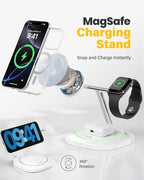 3 in 1 Magnetic Wireless Charger for Apple - Fast Charging Station Compatible with MagSafe for iPhone17-12, Apple Watch& AirPods, Phone and Watch Charger Stand for Desktop Bedside Nightstand (White) - Image 3