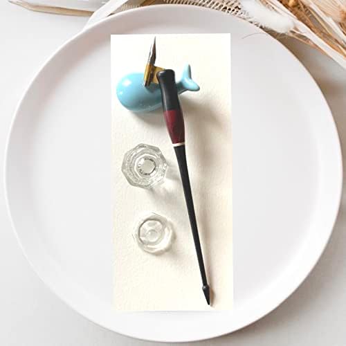 Oblique Calligraphy Pen Set Copperplate Calligraphy Pen,Glass Ink Well Empty Ink Well for Oblique Nib Holder Nikko g Nib Pen Rest & Nib Tin Organizer (Oblique Pen Set w/Whale Rest) - Image 2
