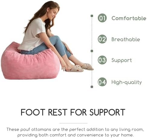 HIGOGOGO Square Stuffed Pouf Ottoman, Corduroy Poufs with Foam Chunk Filling, Furry and Fluffy Pouf Foot Stool Storage Ottoman, 25.6 X 25.6 Floor Poufs Foot Rest for Living Room, Pink - Image 5