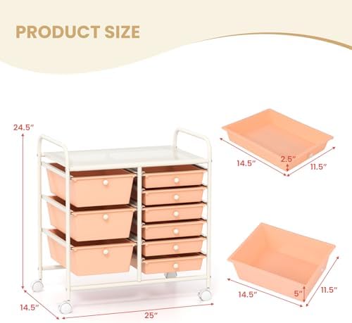 LDAILY 9 Drawer Rolling Storage Cart, Rolling Cart with Drawers for Classroom, Art Supply Craft Organizer on Wheel with Metal Frame & Handles for Home Office School - Image 3