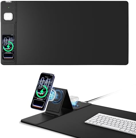 Mouse Pad with Magnetic Wireless Charging & Adjustable Phone Stand, 31.5"x15.8" Extended Desk Mat, Waterproof Ultra-Smooth Keyboard Pad, Non-Slip Base, Black by abcmat
