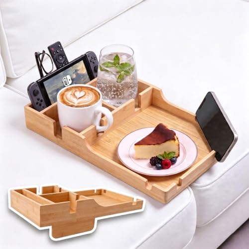 Couch Tray Insert with 2 Cup Holders, 2-in-1 Bamboo Insert & Flat Sofa Organizer, Fits Sectionals or Ottomans for Drinks, Snacks and Remotes, 15.35" x 9.84" by Vellabliss