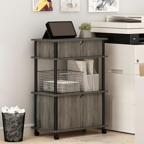 Furinno Turn-N-Tube Toolless Multipurpose Printer Stand Display Storage Shelf Cabinet with Wheels, French Oak Grey/Black by Furinno-FitsYourSpaceFitsYourBudget