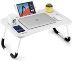 FISYOD Foldable Laptop Table, Portable Lap Desk Bed Table Tray, Laptop Stand with Cup Holder & Tablet Slot & Lifting Handle for Working Writing Drawing & Eating (White) by FISYOD