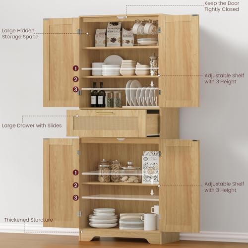 Iwell Tall Storage Cabinet with 2 Adjustable Shelves & Large Drawer, Rattan Cabinet with 4 Doors, Pantry Cabinets for Dining Room, Living Room, Home Office, Natural - Image 4