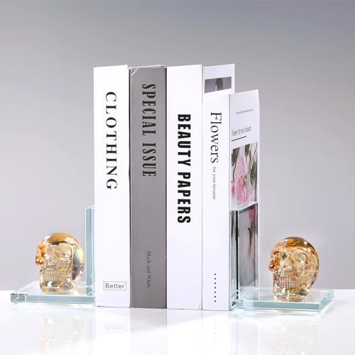 Glass Skull Book Ends for Shelves with Golden Crystal Skulls - Image 2