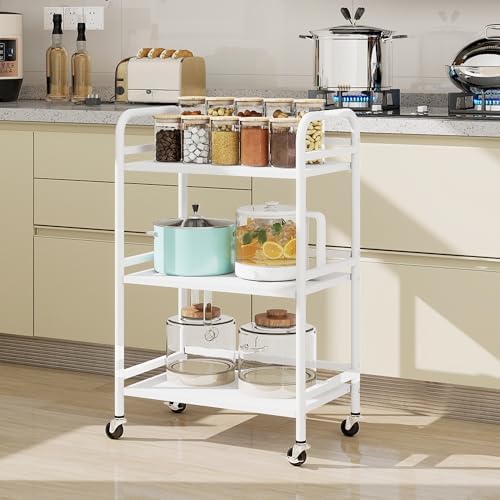 DCLRN 3 Tier Rolling Cart,Storage Organizer Cart,Multifunctional Storage Shelves,Rolling Metal Organization Cart with Handle and Lockable Wheels,for Home,Office,Kitchen,Bathroom(White) - Image 2