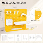 Metal Desk Pegboard Organizer, No Drill Modular Storage Kit 10 Accessories 15.8x11.8in White Yellow for Office Vanity - Image 3