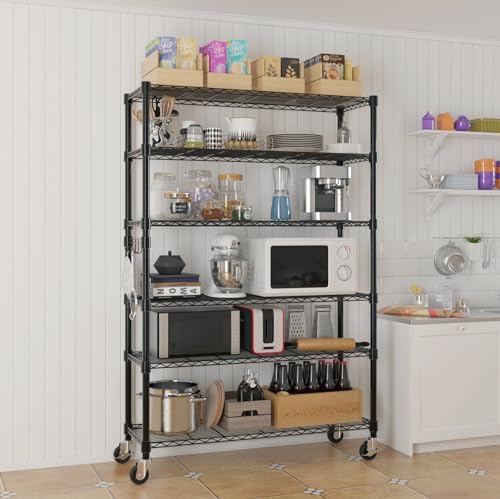 6 Tier Storage Racks Shelving, Heavy Steel Pantry Shelves, Adjustable Wire Shelving Rack with Wheels, Suitable for Garage, Kitchens, Bathroom, Offices, 46" W x 17.7" D x 82" H, Black - Image 4