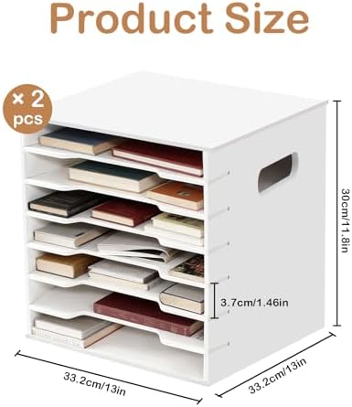 2PCS 7 Tiers 12" x 12" Scrapbook Paper Storage, Cardstock File Organizer with Adjustable Shelves, Construction Paper Organizer, Desktop File for Home Office School Classroom, White Wood Material - Image 2