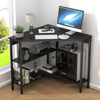 Triangle Corner Desk with Power Outlets, Storage Shelves for Small Space - Image 2